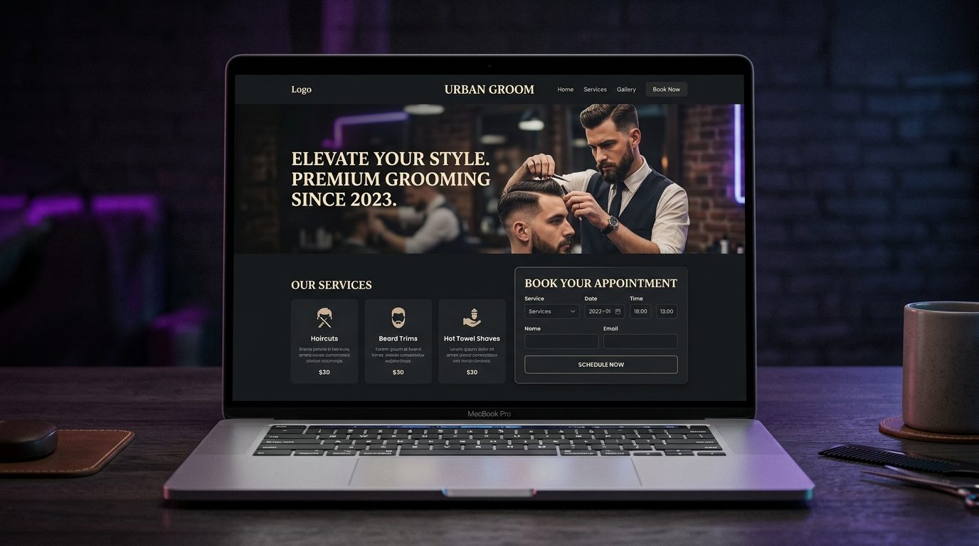 The Urban Groom website shown on a laptop in the barbershop