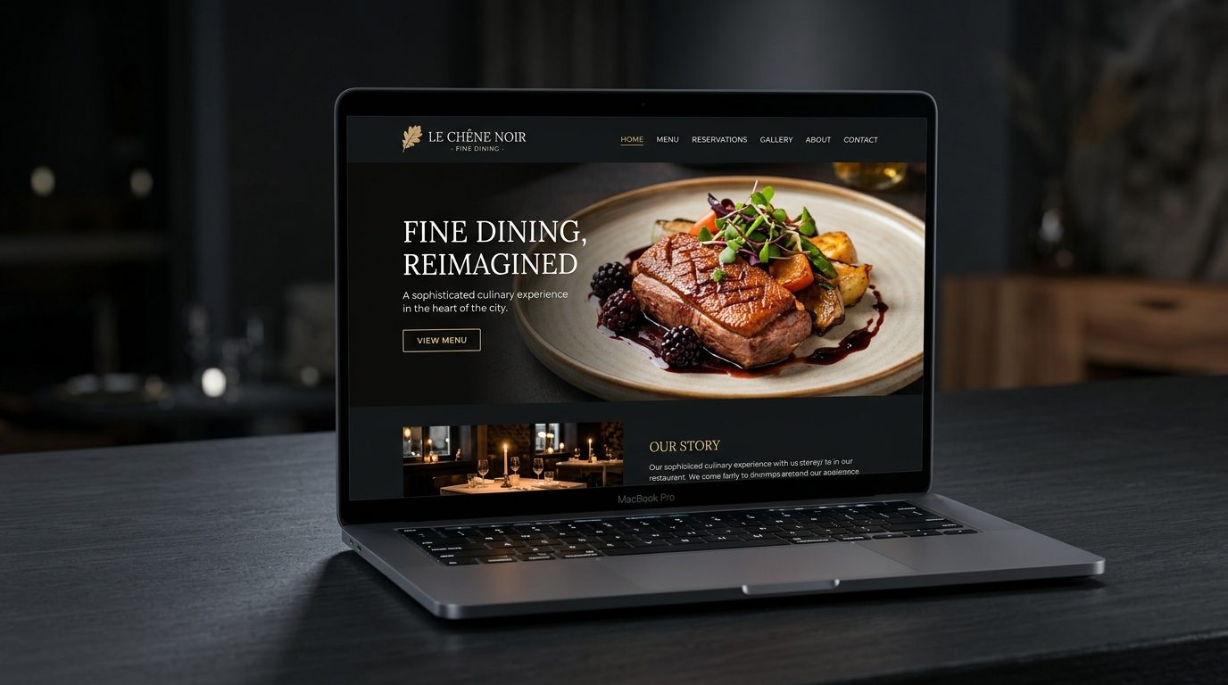 The Le Chêne Noir website shown on a laptop in the restaurant