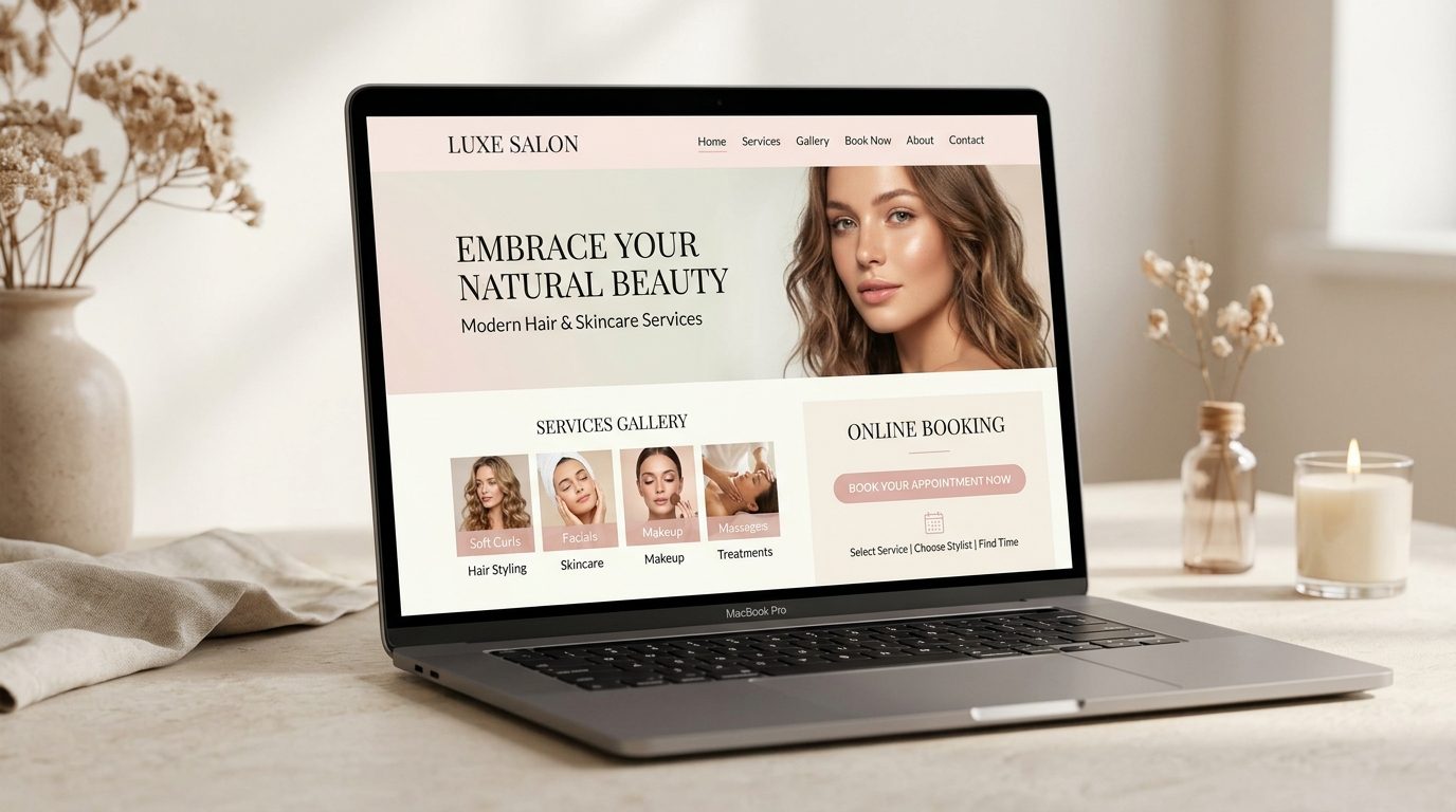 The Luxe Salon website shown on a laptop in the salon